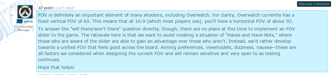 Annonce d'un FOV fixe sur Overwatch